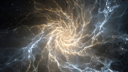 A spiraling, ethereal vortex of gold and blue light emanates from a central point, particles scattered