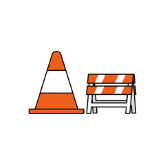 An illustration featuring a traffic cone and a barricade, commonly used for road work and safety.