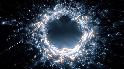 A fractured circle of glowing shards surrounds a dark void, suggesting a portal or explosive disintegration