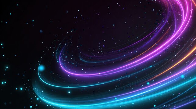 Abstract digital artwork showcasing swirling, glowing light trails in vibrant blues, pinks, and yellows against a black background