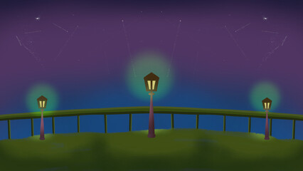 A tranquil night scene features three street lamps casting green halos on a grassy hill, with a curved railing and a starry purple sky, creating a calm, atmospheric outdoor mood.
