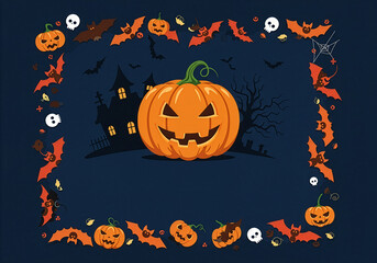 Spooky Halloween background with glowing pumpkin, haunted house, bats, and full moon &mdash; perfect design for party invitations, flyers, banners, and seasonal decorations