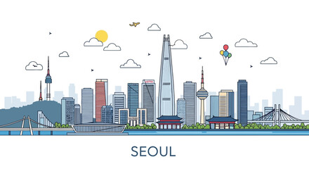 Fototapeta premium Seoul Cityscape Illustration Dynamic Urban Skyline Featuring Historic Landmarks and Modern Architecture in Flat Line Art Style