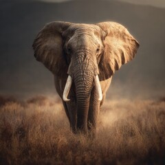 Obraz premium Majestic african elephant walking towards camera through dry grassland at sunrise
