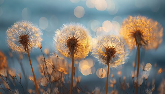 Beautiful Macro Image Of Glowing Dandelions In The Grass At Dawn Morning Outdoors. Romantic And Dreamy Artistic Picture For Desktop Wallpapers And Postcards.