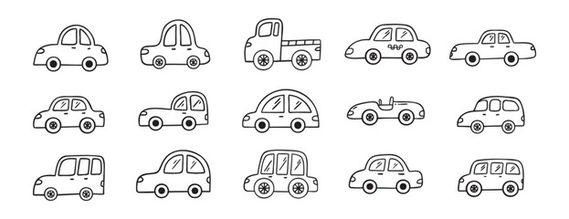Car doodle hand drawn line icon set. Car drawing outline clipart
