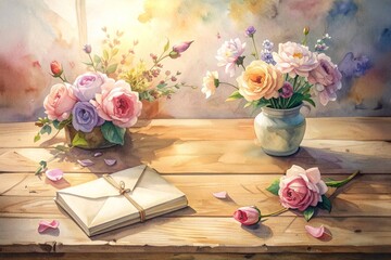 ノスタルジックに描かれた花と束ねられた手紙