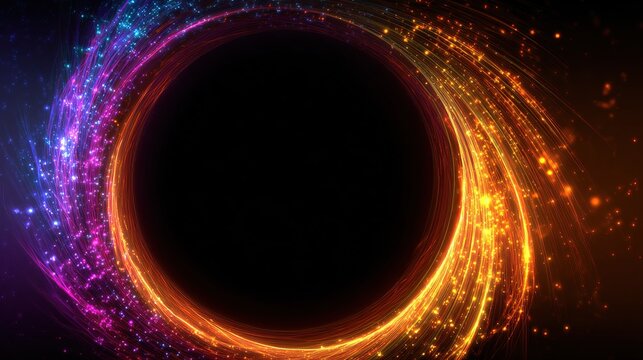 A dark void encircled by a vibrant, swirling vortex of light, transitioning hues of blue, purple, orange - Powered by Adobe