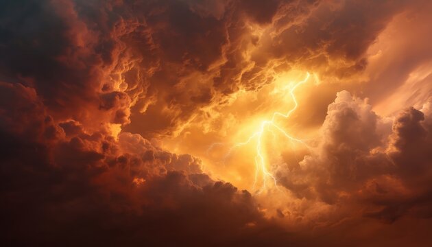 Gloomy Dramatic Skies With Dark Red, Yellow, And Orange Colors, Stormy Clouds, Lightning, Fire, And An Explosion In A Horrifying, Scary, And Creepy Sky.