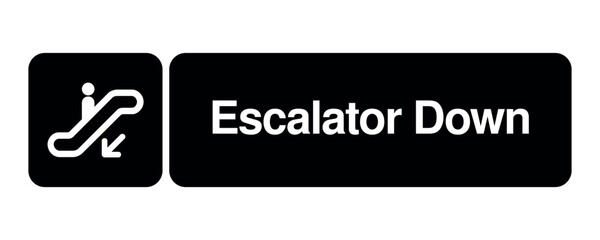 Escalator Down pictogram with descending figure symbol with explanation – minimal signage icon for vertical transport, public access zones, and civic UI systems – High-Quality Vectorial Stock Image