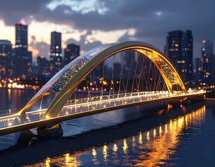 Obraz premium Arched bridge glows with city lights reflecting on dark water