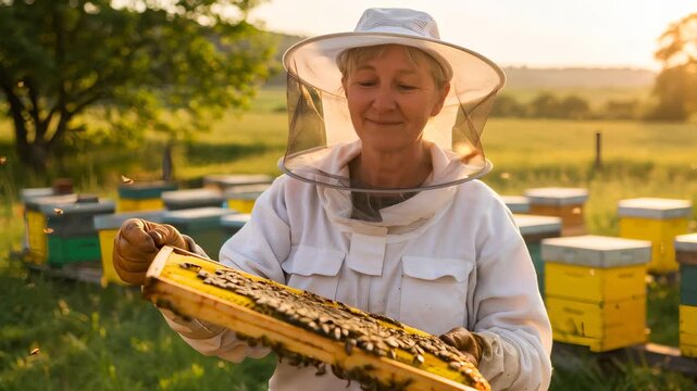 Professional apiarist woman inspecting beehive frame full of bees and honeycomb, depicting sustainable agriculture and honey production footage.
