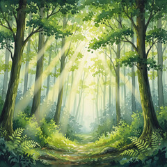 Obraz premium Sunbeams shining through a dense green forest canopy