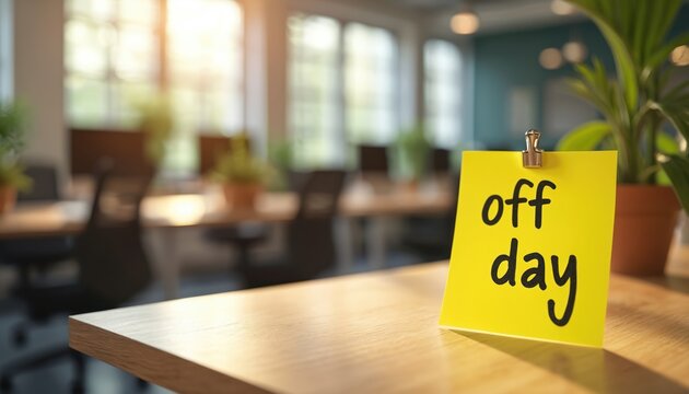 Yellow sticky note with off day text clipped to desk in sunny modern office. Background shows blurred workstations and potted plants, suggesting workplace relaxation or a break.