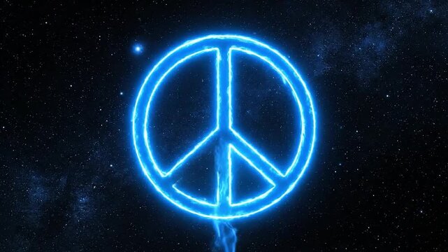 Glowing blue peace sign neon light against a starry night sky with a dark background, symbolizing world science day for peace and development.