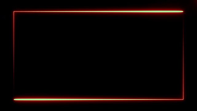 Couple of orange neon lighting lines on black background which constitute rectangle frame over the screen edge. Abstract computer generated backdrop 3D rendering 4k video.