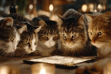 Cat cinema: feline friends gather for tablet entertainment. Tech