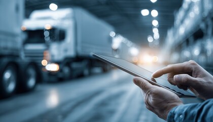 Gps Tracking Logistic Warehouse Management System: Man Operating Digital Tablet On Blurred Delivery Truck