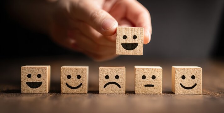 Hand selecting a smiling face wooden block from a row of varying emotional expressions