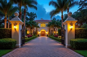 Fototapeta na wymiar Opulent mansion entrance with grand driveway, ornate gates, and lush palm trees. Elegant estate features illuminated pathway leading to large mansion exterior. Exclusive luxury residence.