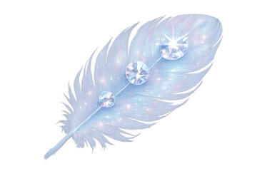 Delicate feather with sparkling diamond jewels on transparent background