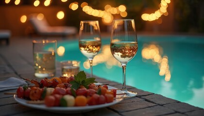 Two glasses of white wine and grilled skewers sit poolside at night. Warm string lights illuminate the serene scene. Enjoying food and drink.