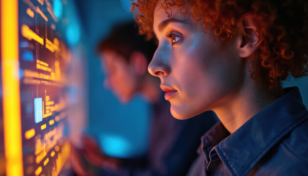 Woman examines data on screen with orange light. Female tech engineer analyses digital interface. Team reviews futuristic hud display. Engineers work on innovative tech solution in workspace.