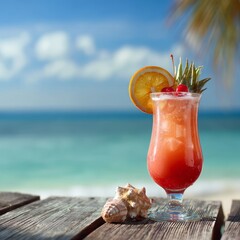 Refreshing tropical cocktail with orange slice and cherry served on a wooden table at the beach