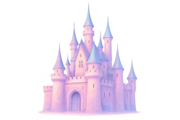 Pink fairytale castle with towers on transparent background
