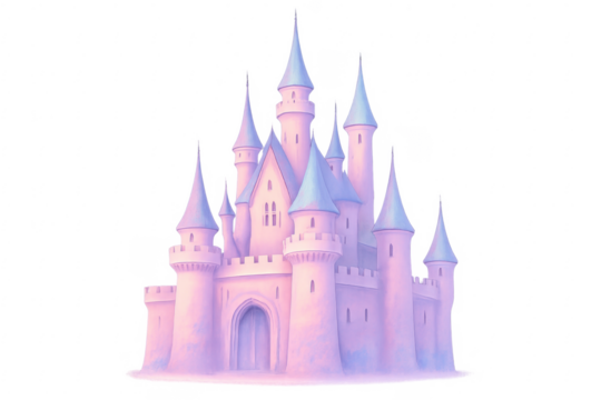 Pink fairytale castle with towers on transparent background