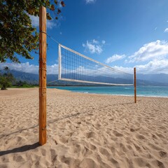 Tropical beach volleyball court with net and poles set up on golden sand by turquoise ocean water under a bright blue sky