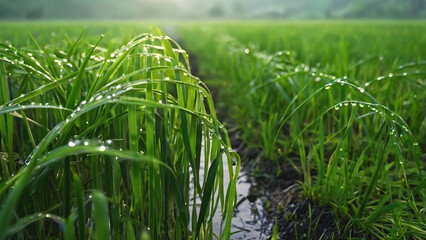 Green rice plant with dew drops in lush field, misty background, fresh and peaceful atmosphere, nature landscape.