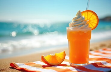 Orange creamsicle float is on beach. Vanilla ice cream on top. Orange slice garnish on glass. Sweet drink for summer vacation. Beach towel. Refreshing beverage at the seaside on sandy shore.