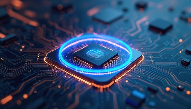 Digital tech illustration shows computer chip central processing unit. Circuit board graphic with glowing lines and CPU. Tech background with digital elements for IT or data science.