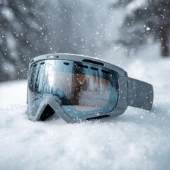 Close up of ski goggles resting on fresh snow with falling snowflakes in a winter forest