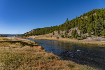 Firehole River. Fairy Falls Trailhead, Yellowstone National Park, Wyoming. Hydrothermal System. hot-spring deposits. Extremophile. 
