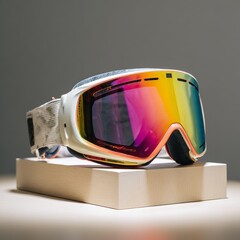 Close up of a white ski goggle with a rainbow mirrored lens resting on a wooden block