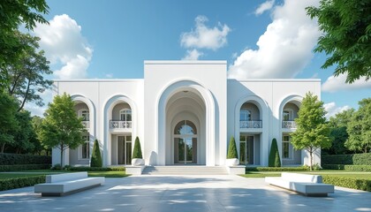 Obraz premium Modern white building with arched windows and balconies surrounded by green trees and manicured lawns. Bright sunny day with blue sky and white clouds above clean, open courtyard area with seating.