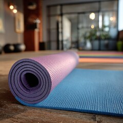 Rolled up yoga mat and unrolled mat on wooden floor in studio with soft lighting