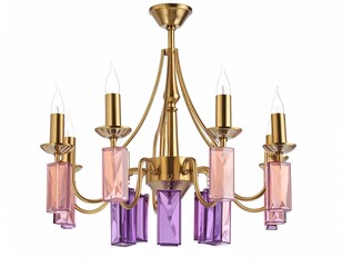 Brass chandelier with 6 pink/purple faceted glass shades