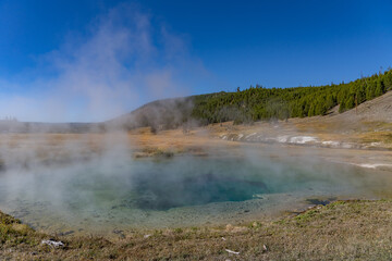 Steel Bridge Pool. Fairy Falls Trailhead, Yellowstone National Park, Wyoming. Hydrothermal System. hot-spring deposits. Extremophile. 
