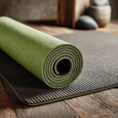 Rolled up green yoga mat resting on a textured exercise mat on a wooden floor