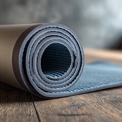 Rolled up yoga mat with textured surface resting on a rustic wooden floor indoors