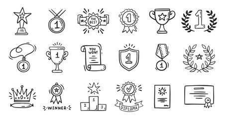 Awards doodle, trophy cups, first place medals and diploma set. Hand drawn champion trophy cup and gold medal. Drawing award decorative isolated icons. 