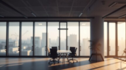 blurred background of a modern office interior with panoramic windows and beautiful lighting, Blurred office meeting room