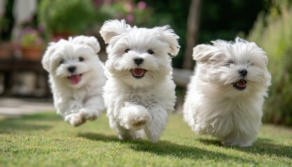 Adorable Maltese Lapdog Puppies Playing Cheerfully On A Green Lawn, Running And Frolicking In Pursuit Of Each Other.