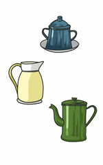 Set of teapot, jug and cup Yellow green blue color. Drink Kitchenware