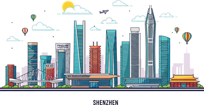 Shenzhen Cityscape Illustration Modern Skyline with Buildings and Transportation