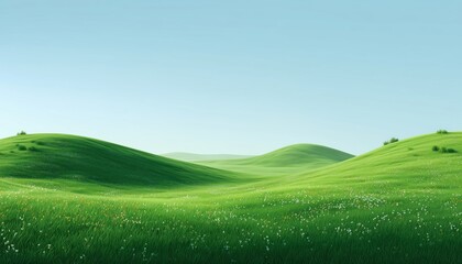 Fototapeta premium Serene Landscape Of Vibrant Green Fields And Meadows With Rich Grass And Blooming Summer Flowers. Captivating Summer And Spring Scenery