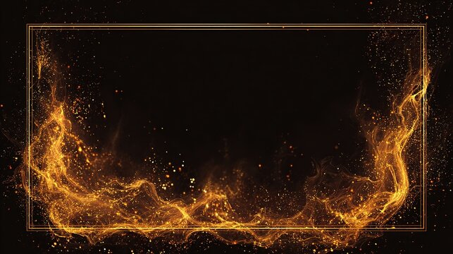A dark background hosts a rectangular gold frame, with fiery, glowing particles that wrap around